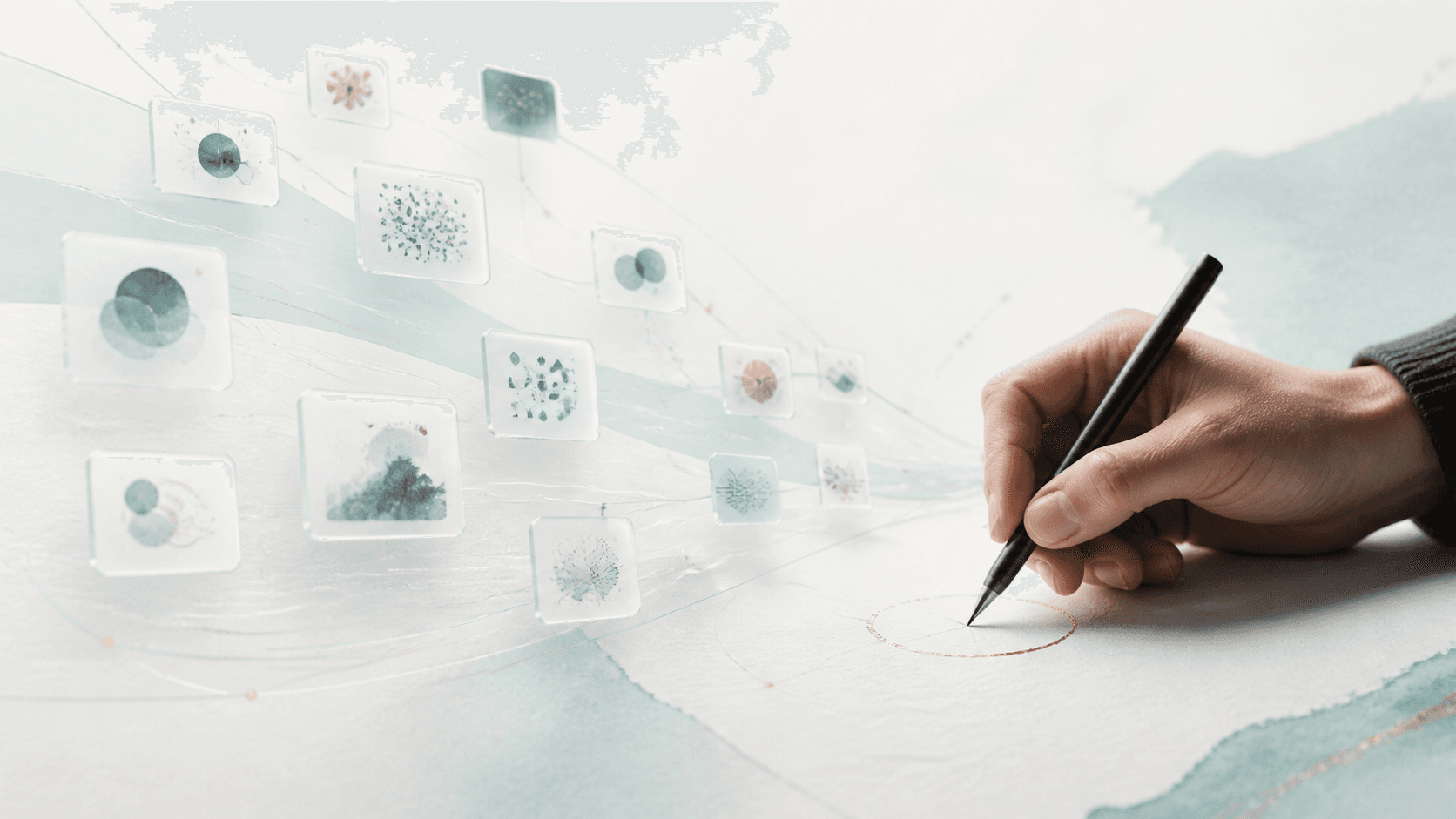 A human hand drawing a decision boundary beside AI-generated possibilities